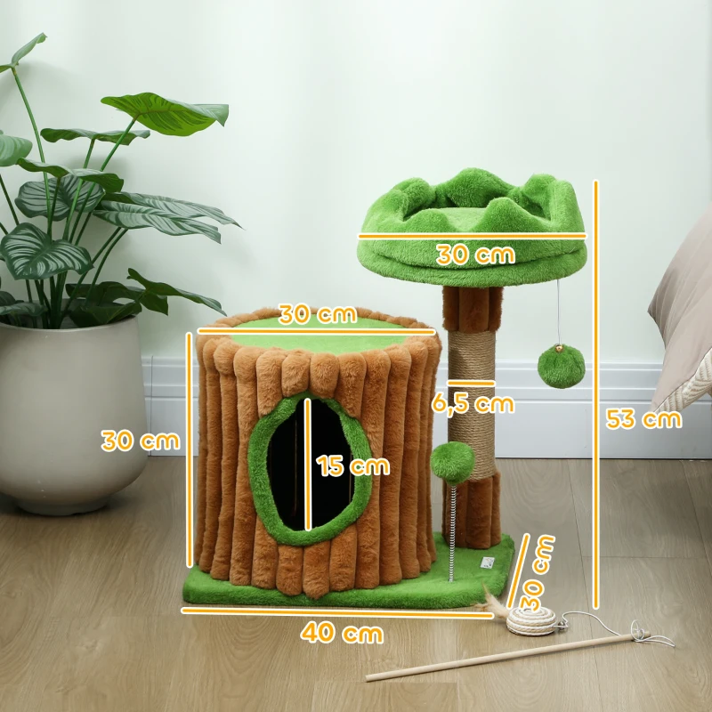 PawHut Árbol Rascador para Gatos 53 cm Diseño de Tronco con Casita Cama Poste de Yute Bolas Marrón y Verde
