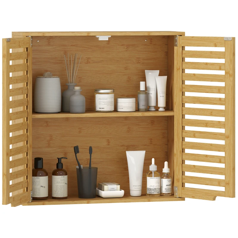 HOMCOM Badezimmerschrank Hängeschrank aus Bambus mit atmungsaktiv Lamellentüren, verstellbar Ablage 60 x 20 x 60 cm Naturholz