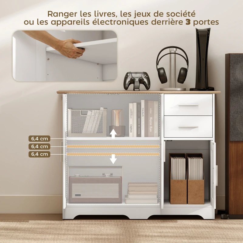HOMCOM Buffet salon, meuble de rangement avec 2 tiroirs, 3 portes et étagère réglable, 100 x 40 x 78 cm, blanc et bois naturel