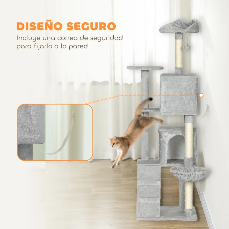 PawHut Árbol Rascador para Gatos 160 cm con Plataformas Cama 2 Cuevas Hamaca Escalera Postes de Sisal Gris Claro