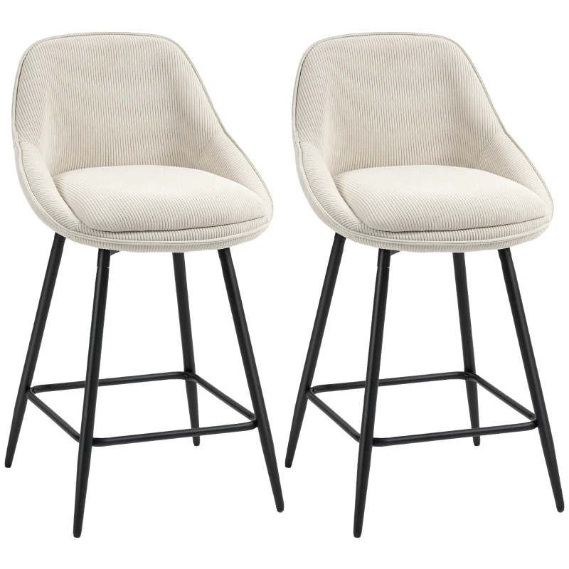 HOMCOM Lot de 2 tabourets de bar en tissu velours côtelé, chaises de bar avec dossier courbé, repose-pieds, 49x52x88cm, crème
