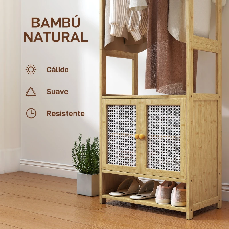 HOMCOM Perchero de Bambú con Armario Zapatero Barra para Colgar Estante Ajustable para Entrada Pasillo 53x31x168 cm Natural