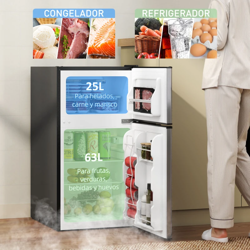 HOMCOM Mini Nevera Silenciosa 88 L Clase E Bajo Encimera Temperatura Regulable 5 Niveles Puerta Reversible Luz Interior Negro