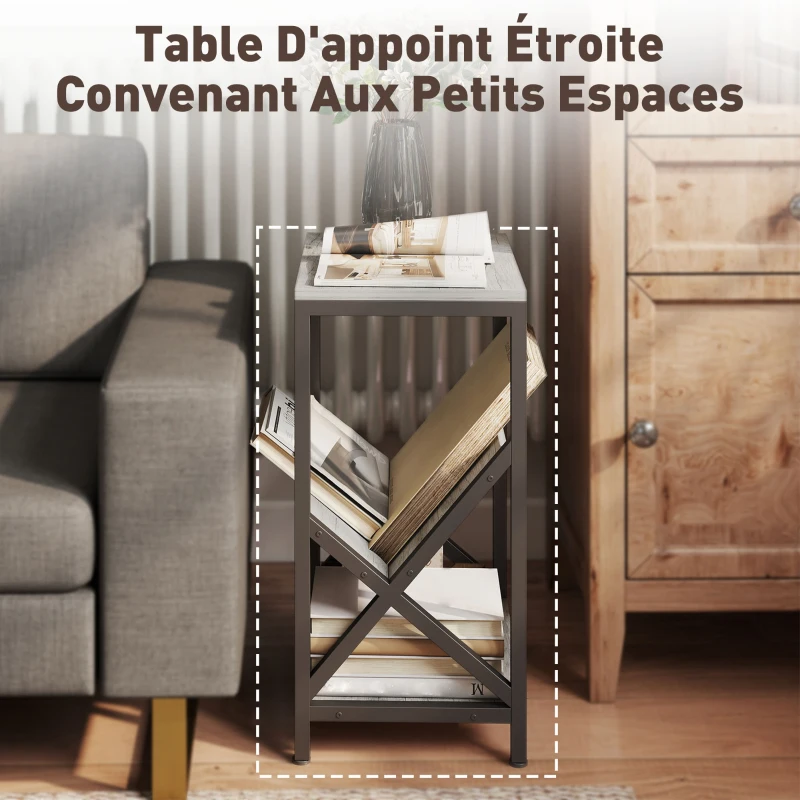 HOMCOM Table d'appoint étroite, bout de canapé rangement à 3 niveaux, porte-revues en V, cadre en acier, 40x30x61cm, gris foncé
