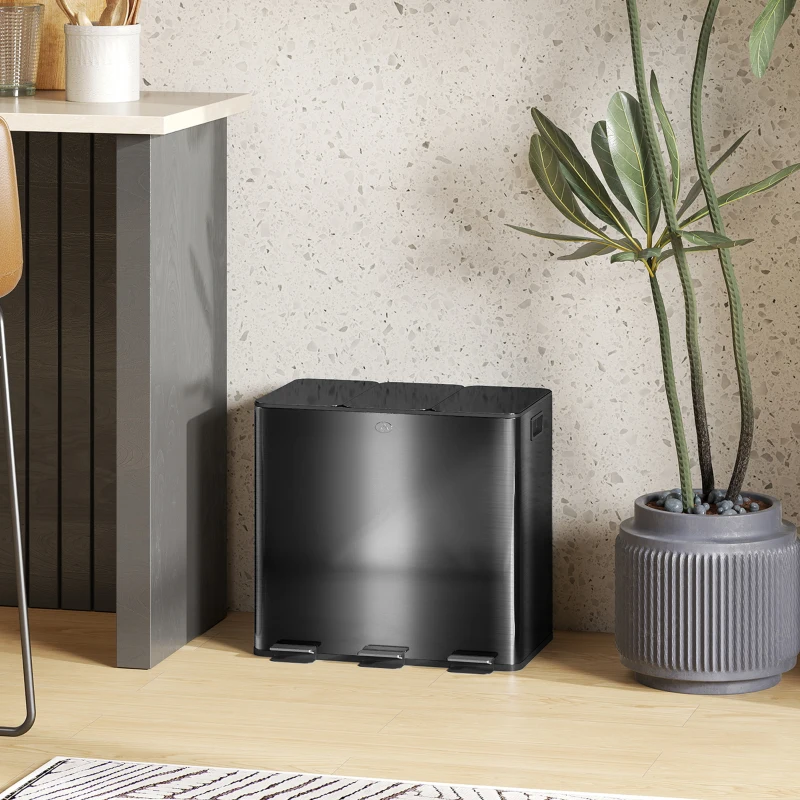 HOMCOM Poubelle de cuisine 45L avec 3 compartiments de 15L, couvercle, seaux intérieurs amovibles, 3 x 15L, noir