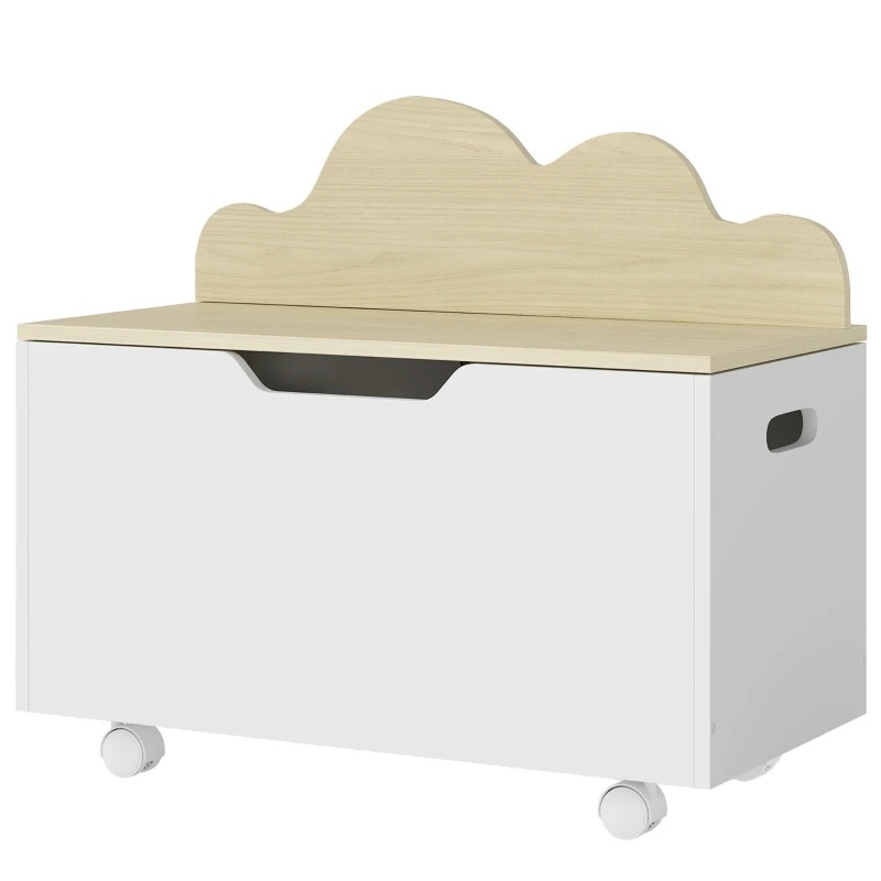 AIYAPLAY Baú de Brinquedos com Rodas com Tampa Abatível e Dobradiça de Segurança Desenho de Nuvem  59x30x53 cm Branco e Madeira