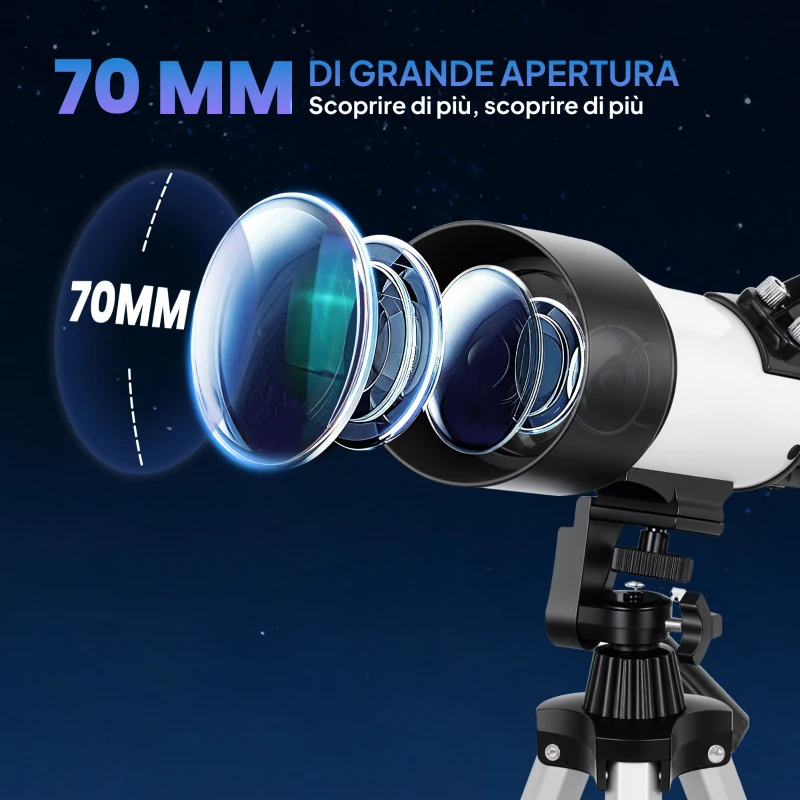 Outsunny Telescopio Astronomico 70mm con 2 Lenti Oculari e Adattatore Smartphone, 80x80x135 cm, Bianco e Nero