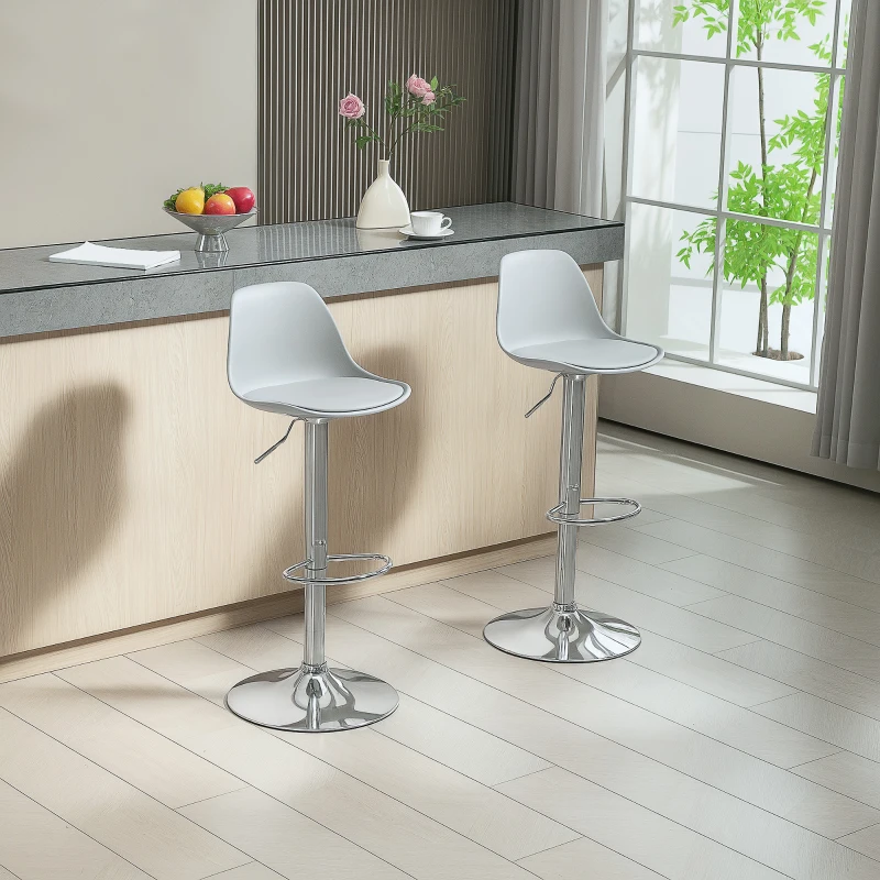 HOMCOM 2-delige Barkrukset, Barkrukken, Draaistoelen met rugleuning, in hoogte verstelbaar, tot 120 kg belastbaar, 42 x 38 x 82-104 cm, Grijs