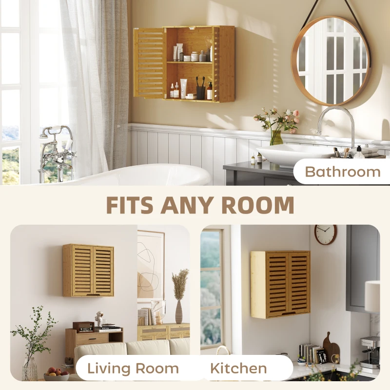 HOMCOM Badezimmerschrank Hängeschrank aus Bambus mit atmungsaktiv Lamellentüren, verstellbar Ablage 60 x 20 x 60 cm Naturholz