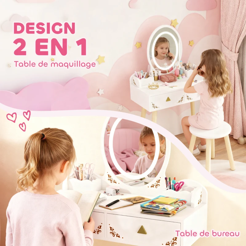 AIYAPLAY Coiffeuse pour enfant 2 en 1 bureau enfant fille avec miroir à LED 3 couleurs et tabouret 60x30x99,3 cm blanc