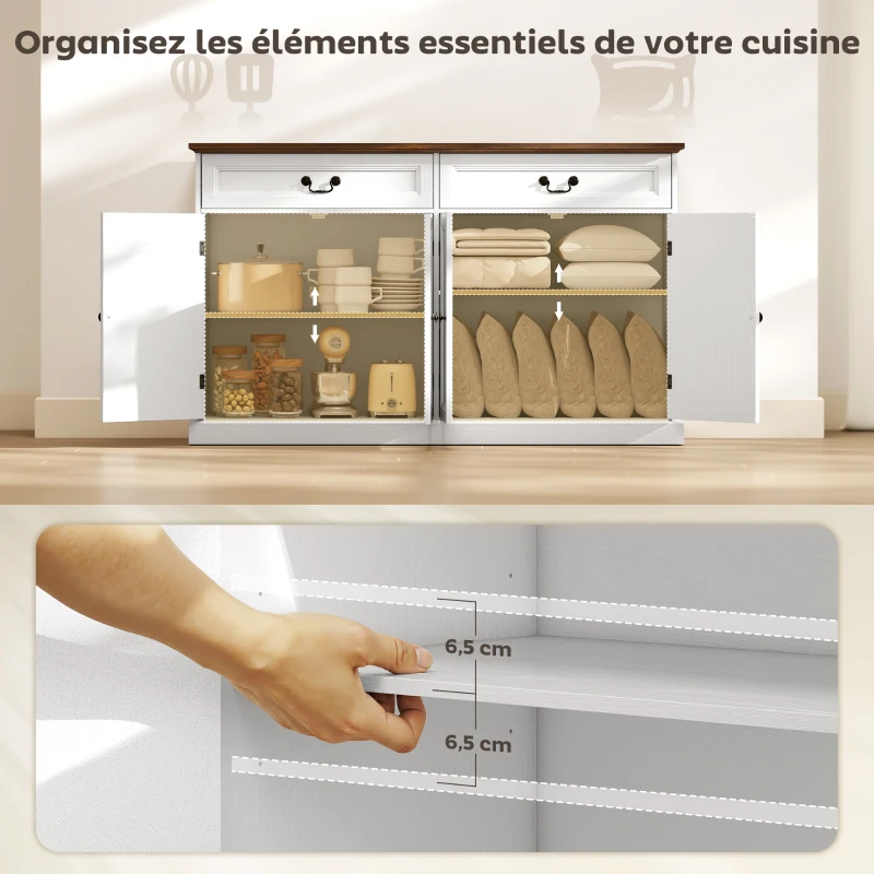 HOMCOM Buffet salon, meuble de rangement avec 4 portes, 2 tiroirs silencieux, étagères réglables, 140x40x85cm, blanc et marron