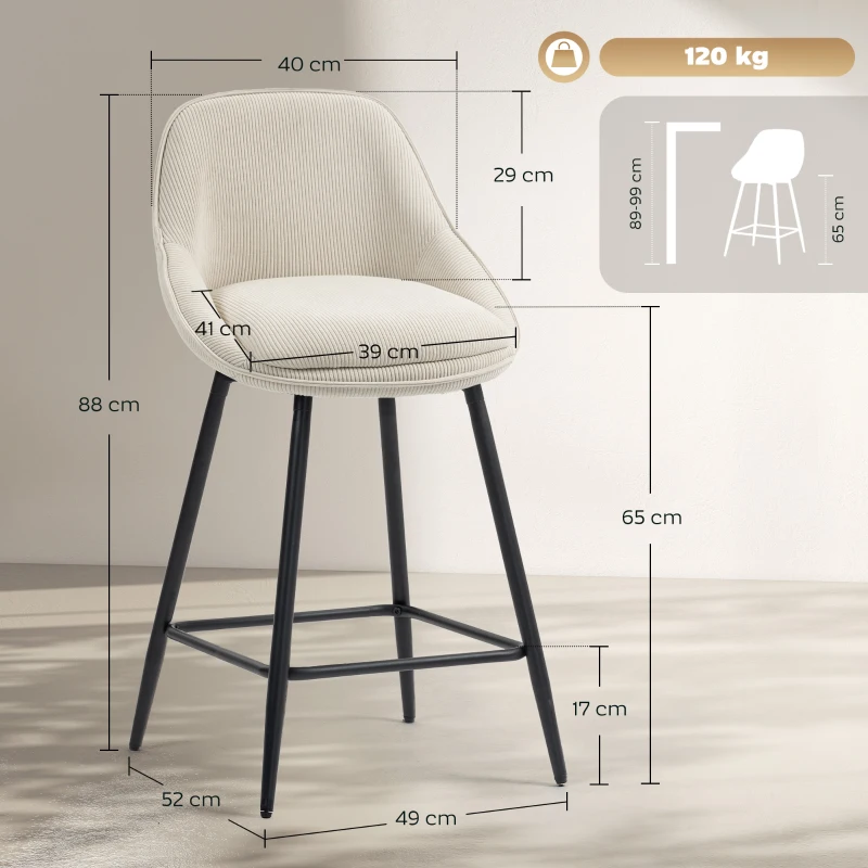 HOMCOM Lot de 2 tabourets de bar en tissu velours côtelé, chaises de bar avec dossier courbé, repose-pieds, 49x52x88cm, crème