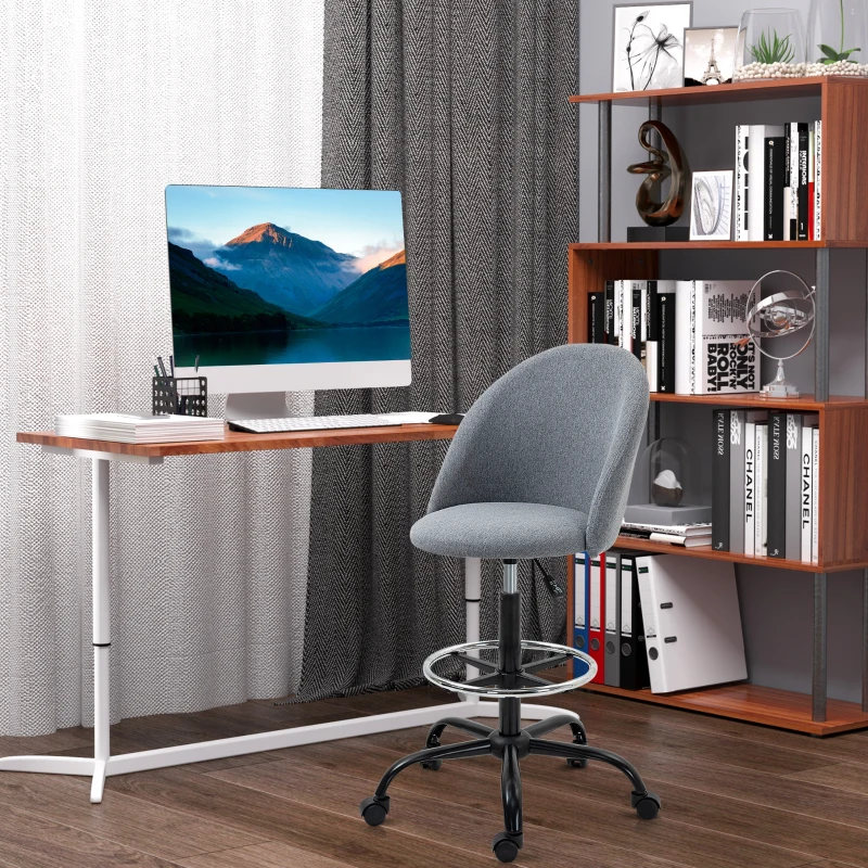 Vinsetto Chaise de bureau assise haute réglable 105-125H cm tabouret de bureau pivotant 360° lin gris