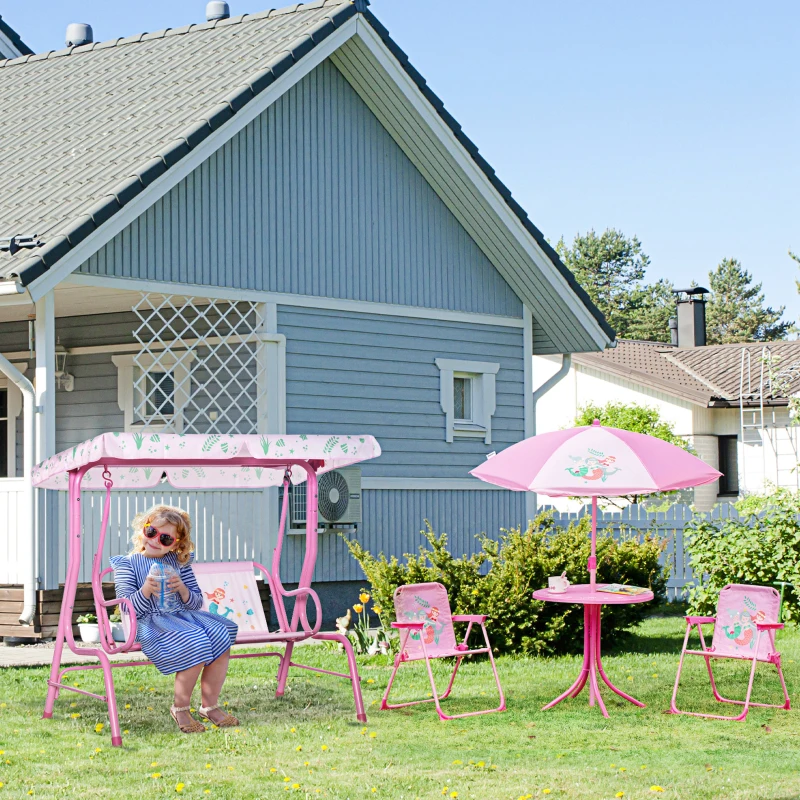 Outsunny 4-teiliges Gartenmöbel-Set für Kinder, mit Hai-Motiv, 1 Hollywoodschaukel, 2 Stühle, 1 Sonnenschirm mit Tisch, Rosa