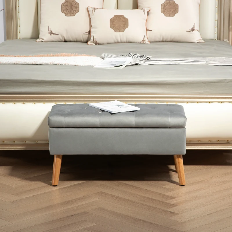 HOMCOM Gestoffeerde Bank met Opbergruimte, Stoffen Bekleding in Fluweel Optiek, Houten Poten, voor Woonkamer, Slaapkamer, Hal, 80 x 35 x 42 cm, Grijs(m-10)