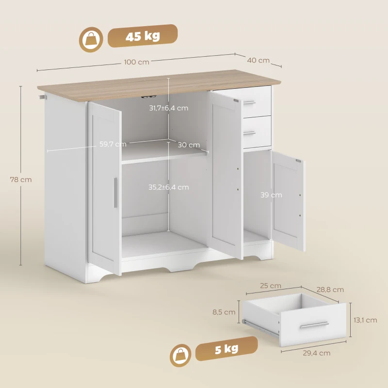 HOMCOM Buffet salon, meuble de rangement avec 2 tiroirs, 3 portes et étagère réglable, 100 x 40 x 78 cm, blanc et bois naturel