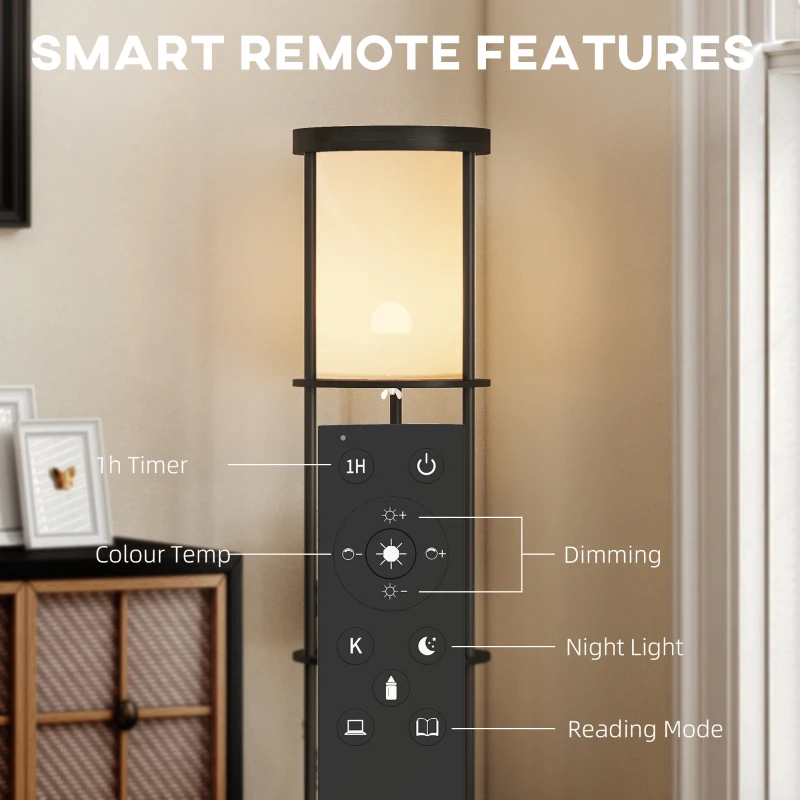 HOMCOM Lampa stojąca z 3 półkami, okrągły design, pilot zdalnego sterowania, włącznik nożny, regulowana temperatura barwowa, do salonu, Czarny