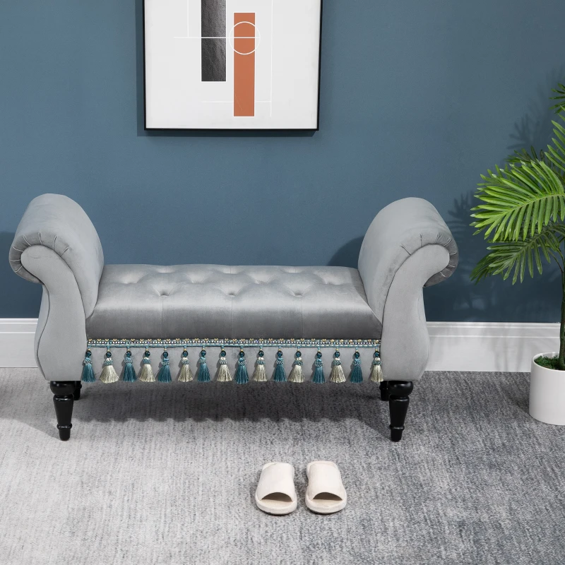 HOMCOM Banc Banquette capitonnée Velours Bout de lit avec accoudoirs Pieds Bois hévéa Gris 40P x 117l x 58H cm