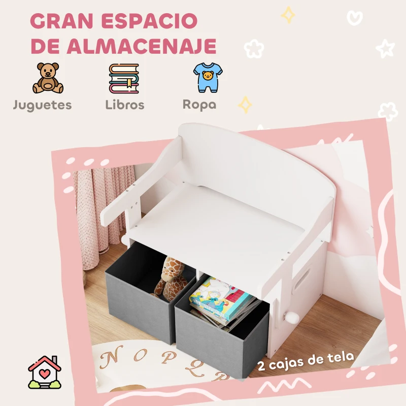 AIYAPLAY Banco Infantil Convertible 3 en 1 Juego de Mesa y Silla Baúl de Juguetes con Cubos de Tela Extraíbles Blanco