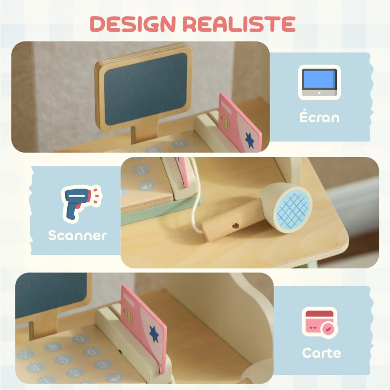 AIYAPLAY Supermarché pour enfant 34 pcs, marchande en bois, tableau noir, caisse enregistreuse et accessoires, 40x30x92,5cm, vert