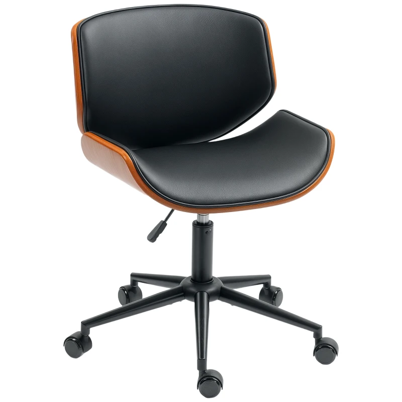 HOMCOM Silla de Escritorio sin Brazos Vintage Giratoria Tapizada en PU Madera Curvada Altura Ajustable Negro y Marrón