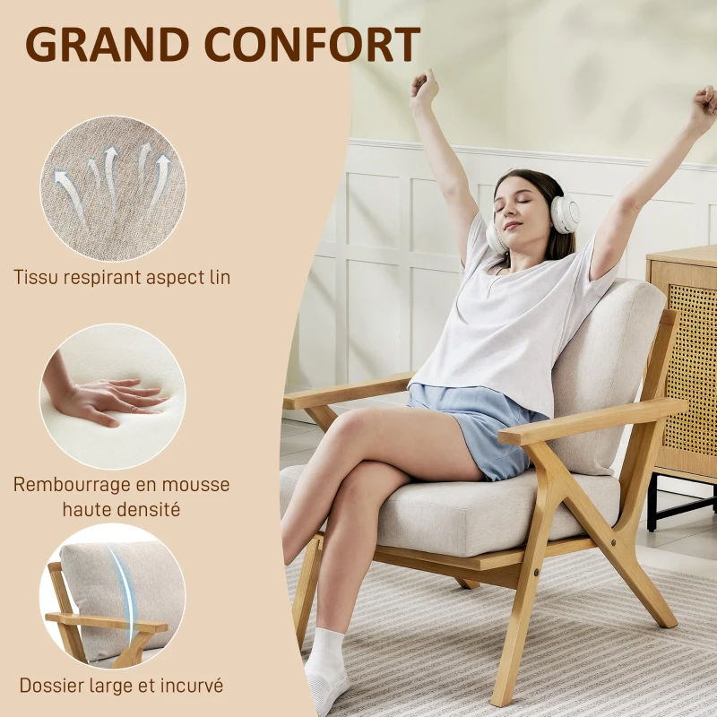 HOMCOM Fauteuil salon, fauteuil scandinave en tissu effet lin, coussins rembourrée et pieds en bois d'hévéa, 76x87x88cm, beige