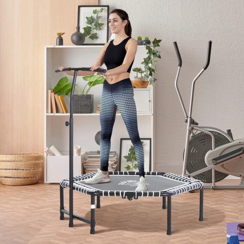 HOMCOM Trampoline de Fitness / Gymnastique Pliable haute performance Ø 122 cm élastiques Bungee + guidon hauteur réglable 122-138 cm gris noir