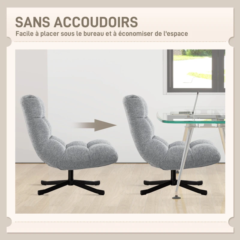 HOMCOM Fauteuil salon sans accoudoirs, chaise pivotante en tissu chenille imperméable, assise large, 75 x 95 x 90 cm, gris