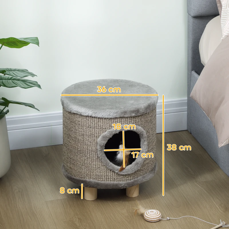 PawHut Casa para Gatos 3 en 1 Taburete Reposapiés Cama para Gatos con Rascador Patas de Madera Pluma 36x36x38 cm Gris