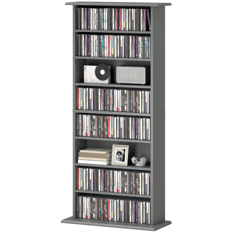 HOMCOM CD and DVD Storage with 8 compartments and 6 adjustable shelves, max capacity 360 CD/185 DVD and Blu-ray, gray