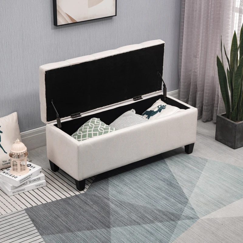 HOMCOM bank gestoffeerde bank met opbergruimte kistbank gang slaapkamer woonkamer linnenachtig polyester rubber hout crème wit 100 x 40 x 44 cm