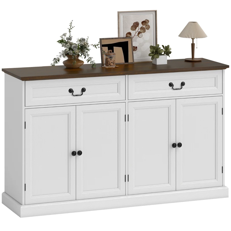 HOMCOM Buffet salon, meuble de rangement avec 4 portes, 2 tiroirs silencieux, étagères réglables, 140x40x85cm, blanc et marron