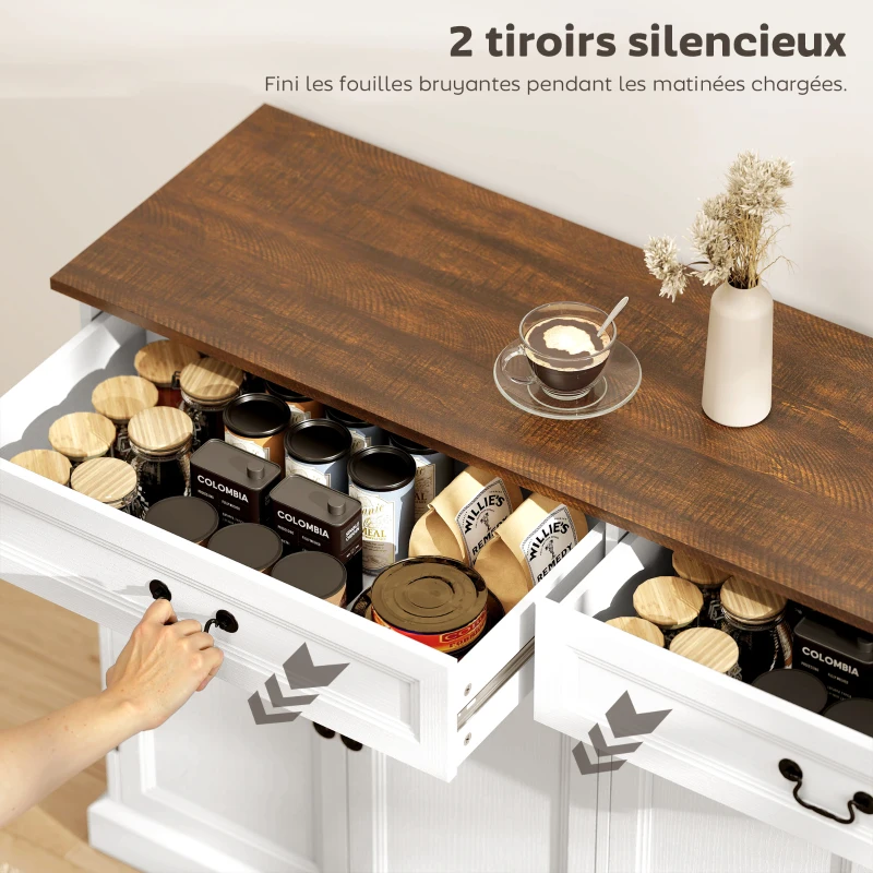 HOMCOM Buffet salon, meuble de rangement avec 4 portes, 2 tiroirs silencieux, étagères réglables, 140x40x85cm, blanc et marron