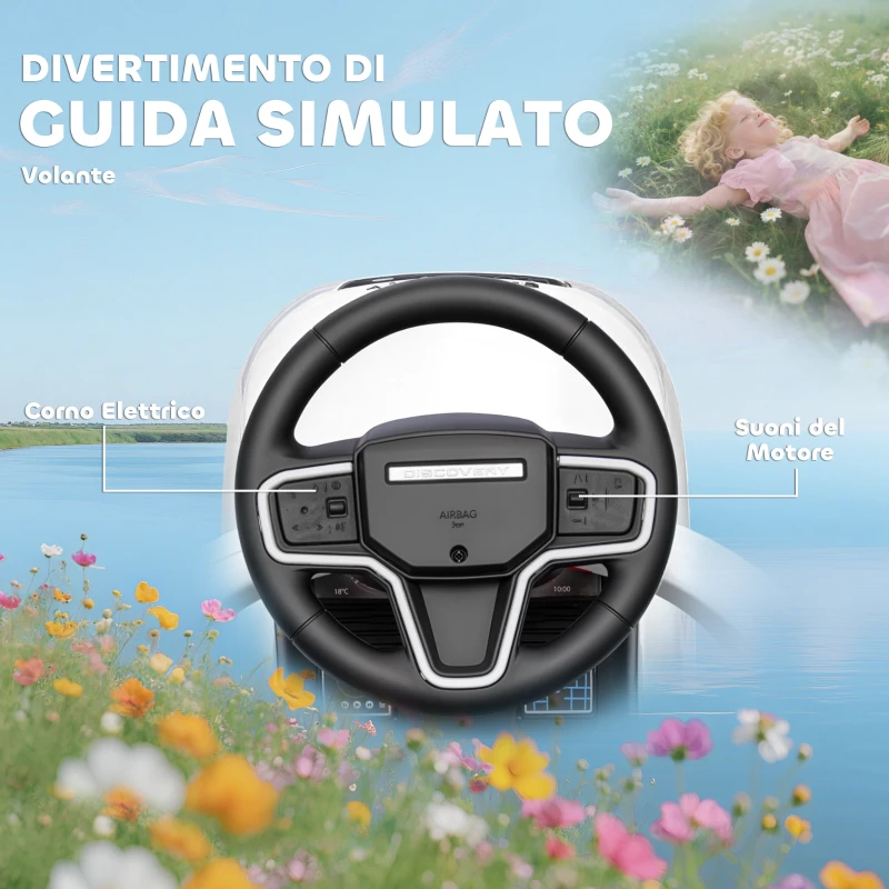 AIYAPLAY Macchina Cavalcabile Licenza Land Rover con Maniglia e Barriera, in PP e Acciaio, 84x40x94.5 cm, Bianco