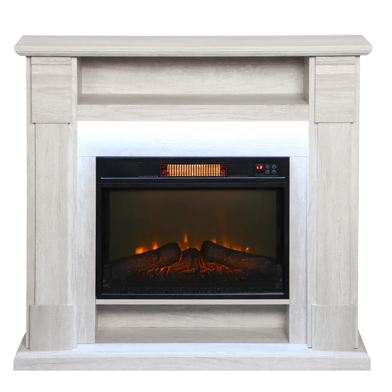 HOMCOM Cheminée Électrique 1800W Réglable avec Flamme 3D, Étagère, Minuteur et Télécommande, 105x27x97 cm, couleur Bois