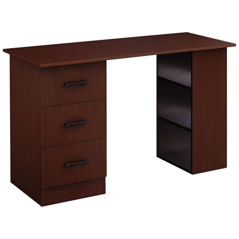 HOMCOM Bureau d'ordinateur réversible, table informatique avec 3 tiroirs et 3 étagères ouvertes, 120 x 49 x 72 cm, noyer