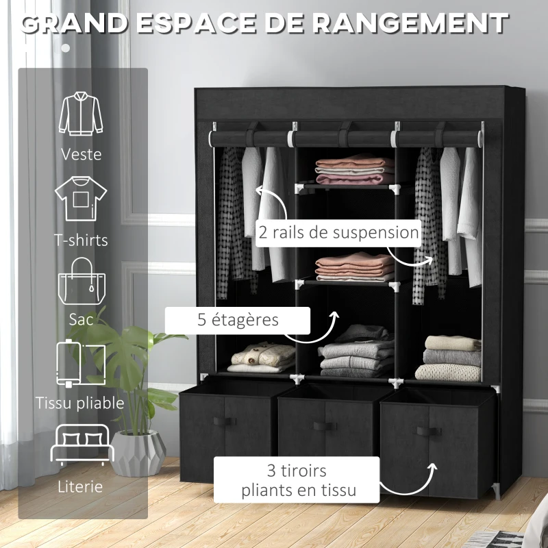 HOMCOM Armoire de rangement en tissu pliable avec 5 étagères, 2 tringles et 3 tiroirs en tissu 125L x 43l x 162.5H cm
