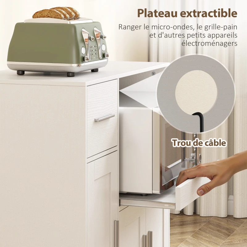 HOMCOM Desserte cuisine à roulettes, meuble micro onde, plateau coulissant, tiroir, placards 3 portes, 80x40x88,7cm, blanc