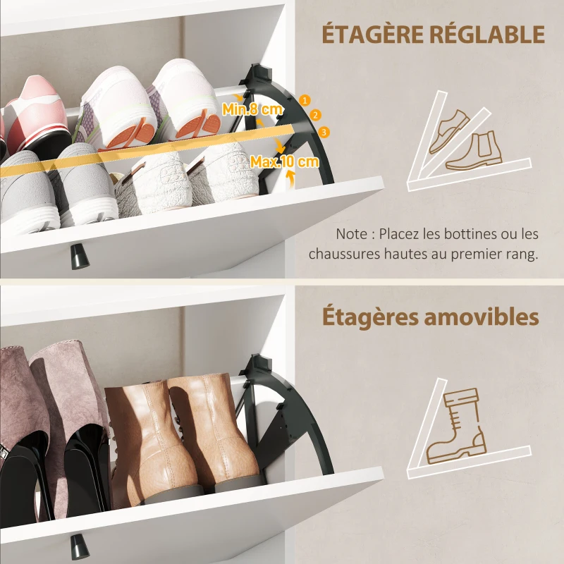 HOMCOM Meuble à chaussures 16 paires, armoire à chaussures avec 2 tiroirs rabattables, étagères réglables, 80x24x101cm, blanc