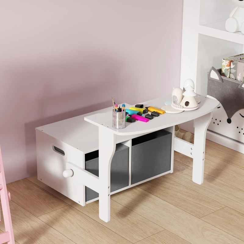 AIYAPLAY Banco Infantil Convertible 3 en 1 Juego de Mesa y Silla Baúl de Juguetes con Cubos de Tela Extraíbles Blanco