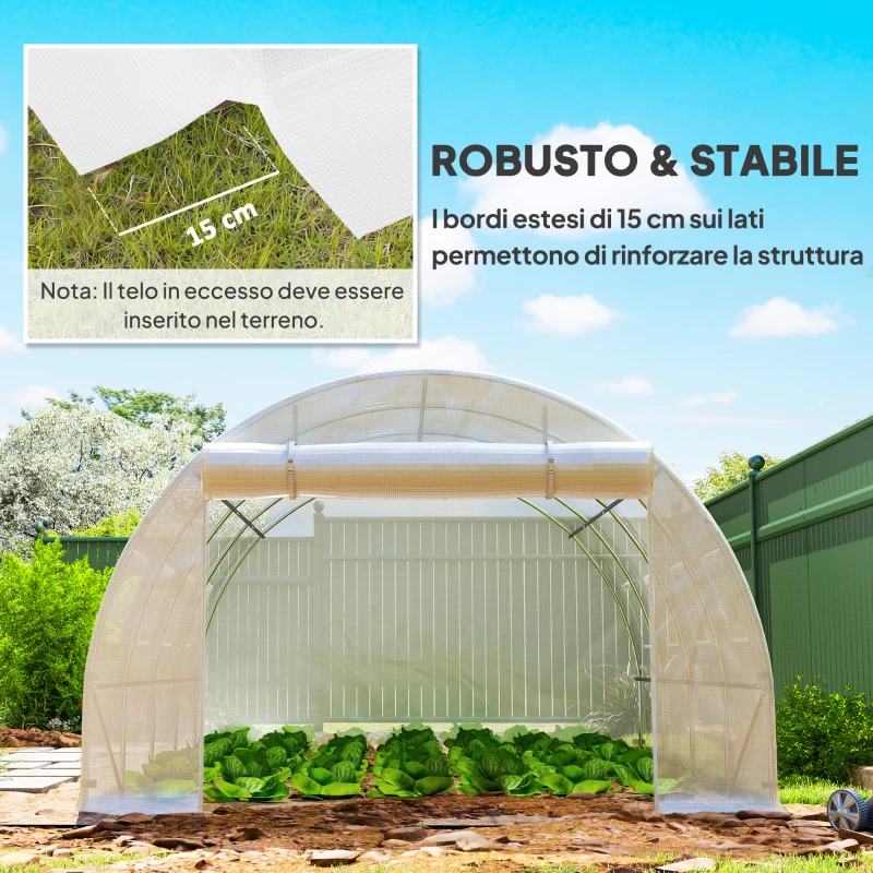 Outsunny Telo Serra in PE con 8 Finestre, Porta Avvolgibile e Bordi Interrati, 4x3x2 m, Bianco