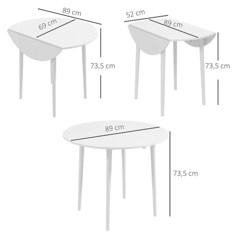 HOMCOM Table de salle à manger pliante 2 abattants, table ronde extensible pour 4 personnes, pieds en bois Ø 89 x 73,5 cm, blanc
