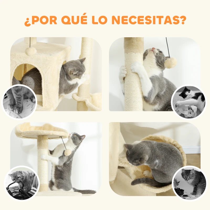 PawHut Árbol Rascador para Gatos 140 cm con Plataformas Cama 2 Cuevas Hamaca Escalera Postes de Sisal Beige
