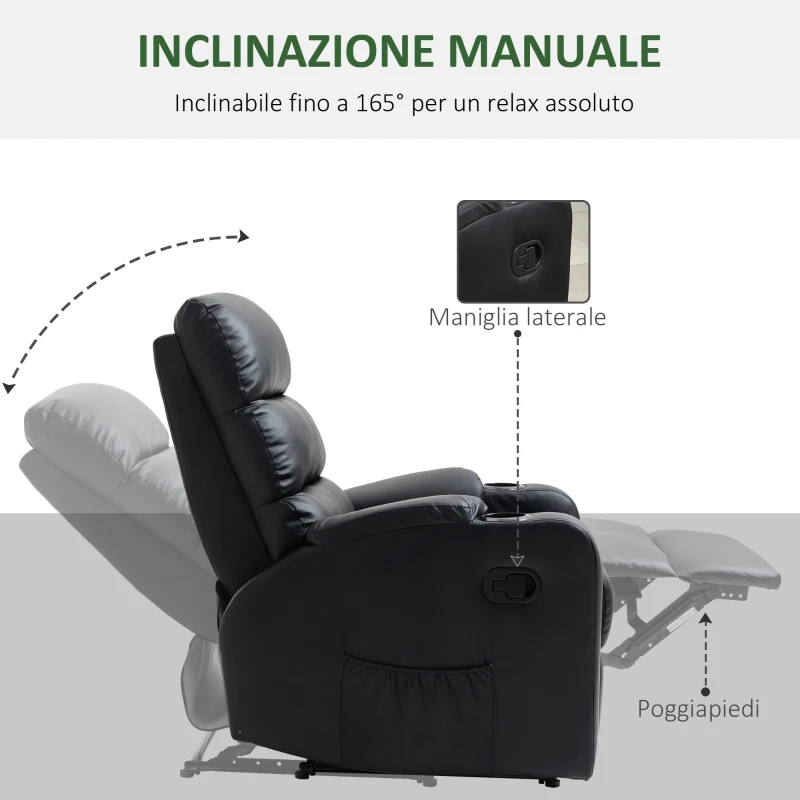 HOMCOM Poltrona Relax Reclinabile Manualmente a 165° con Poggiapiedi, Portabicchieri e Tasca in Finta Pelle, Nero