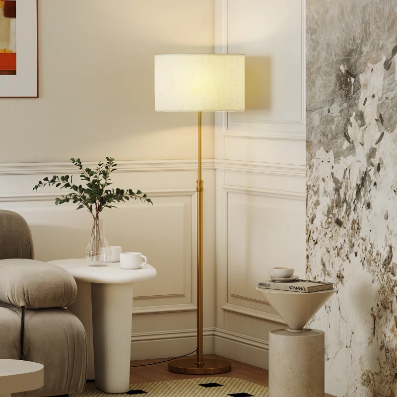 HOMCOM Lampadaire sur pied salon, lampe sur pied dimmable avec télécommande, abat-jour en lin, hauteur réglable 133-168cm, doré