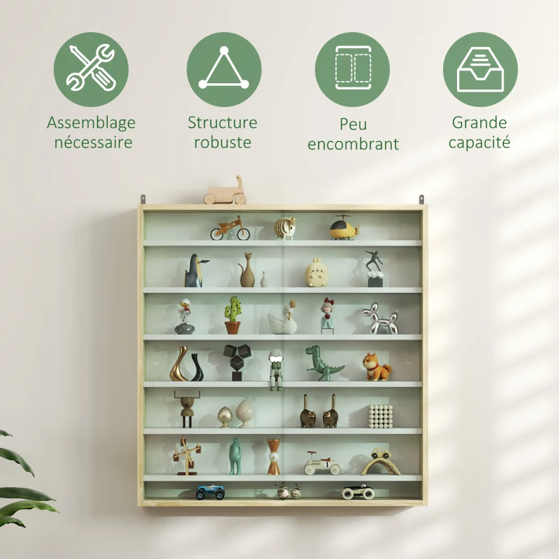 HOMCOM Vitrine pour collection vitrine murale 80 x 9,5 x 83 cm 6 étagères réglables en hauteur 2 portes coulissantes en verre