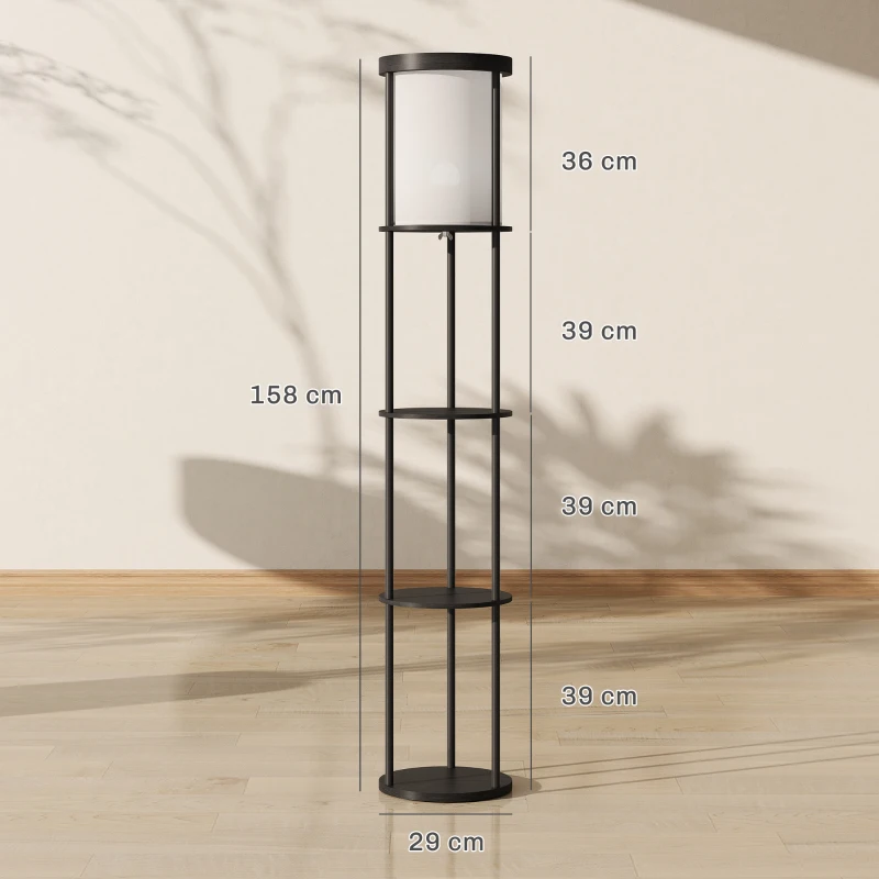 HOMCOM Lampa stojąca z 3 półkami, okrągły design, pilot zdalnego sterowania, włącznik nożny, regulowana temperatura barwowa, do salonu, Czarny