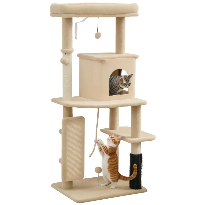 PawHut Arbre à chat, tour de jeux, hauteur de 132 cm, avec lit, maison, brosse de toilettage,  55 x 44 x 132 cm, beige
