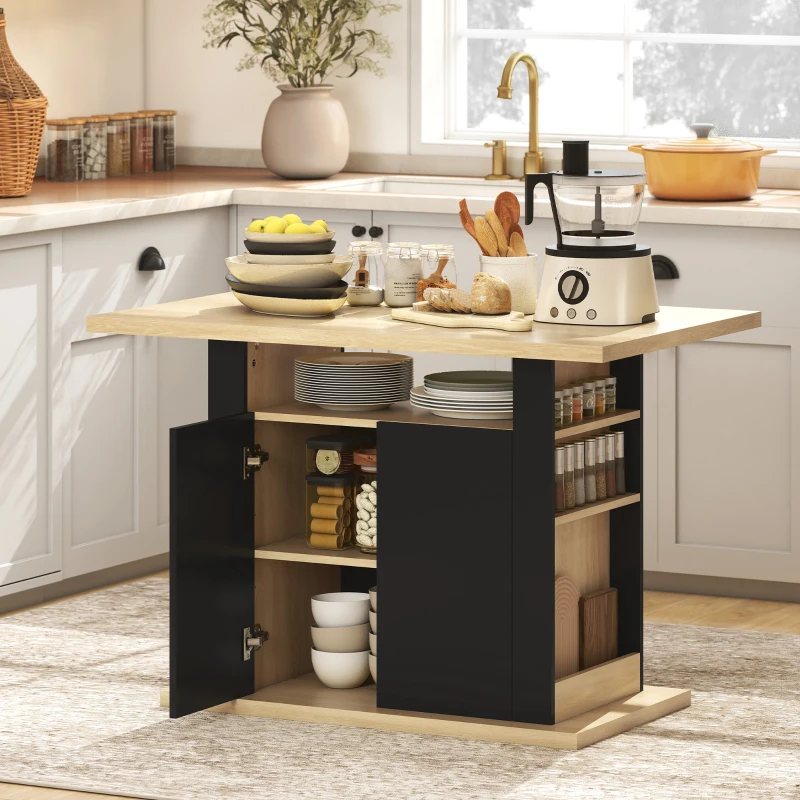HOMCOM Table à manger ilot central cuisine avec grand plan de travail 4-6 personnes placard 4 portes 110 x 70 x 75,5 cm noir