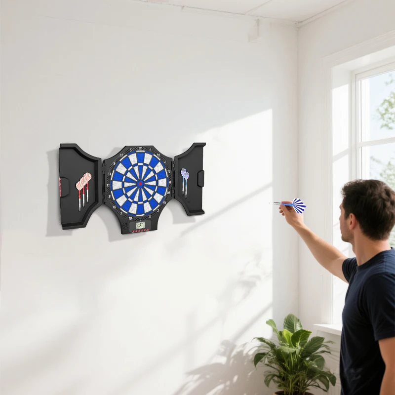 SPORTNOW Cible jeu de fléchettes électronique refermable 2 portes 31 jeux jusqu'à 8 joueurs affichage LCD haut-parleur noir